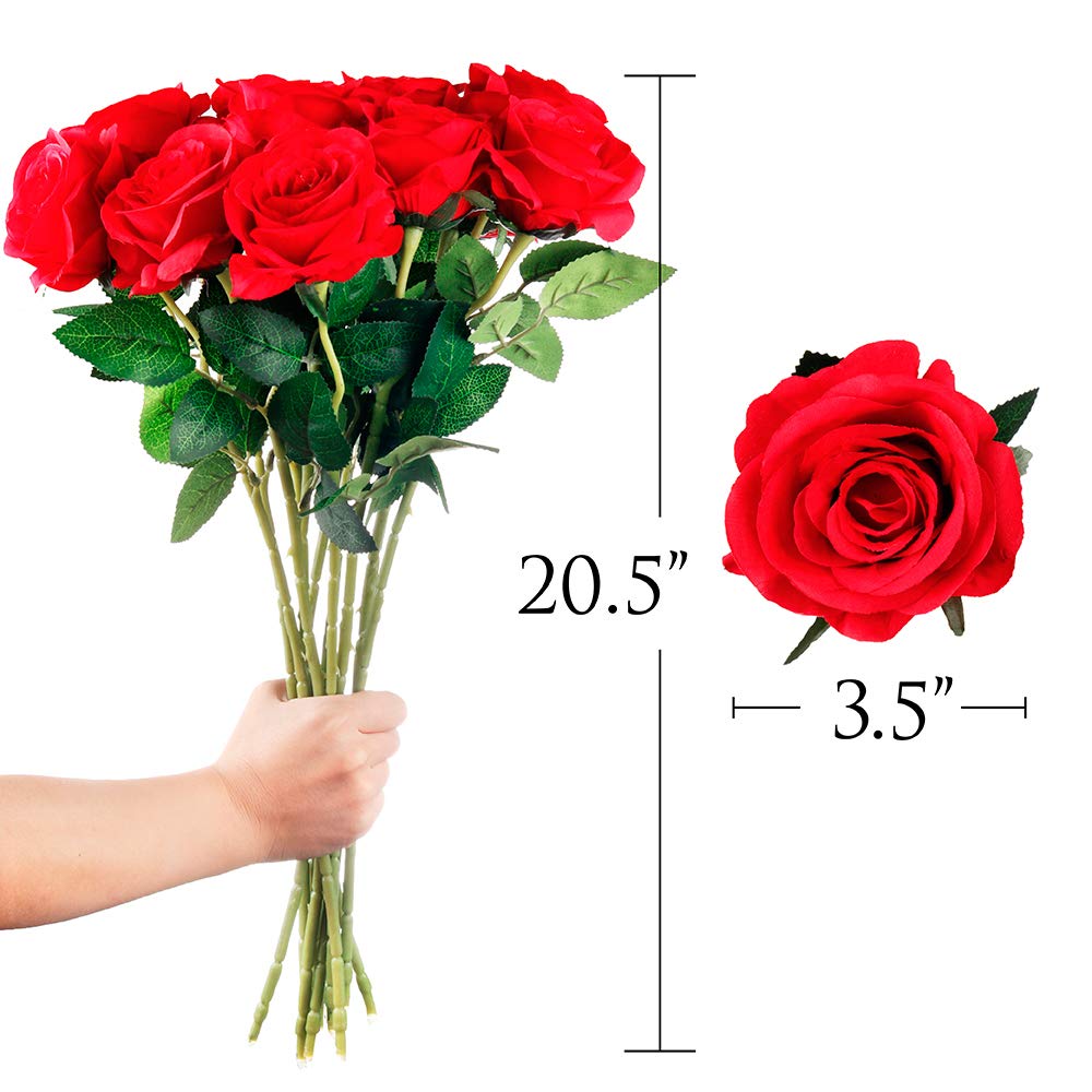 Mocoosy 12PCS Red Artificial Rose Flowers, Silk Roses Single Stem Realistic Fake Rose Bouquet for Wedding Bridal Shower Home Garden Decorations