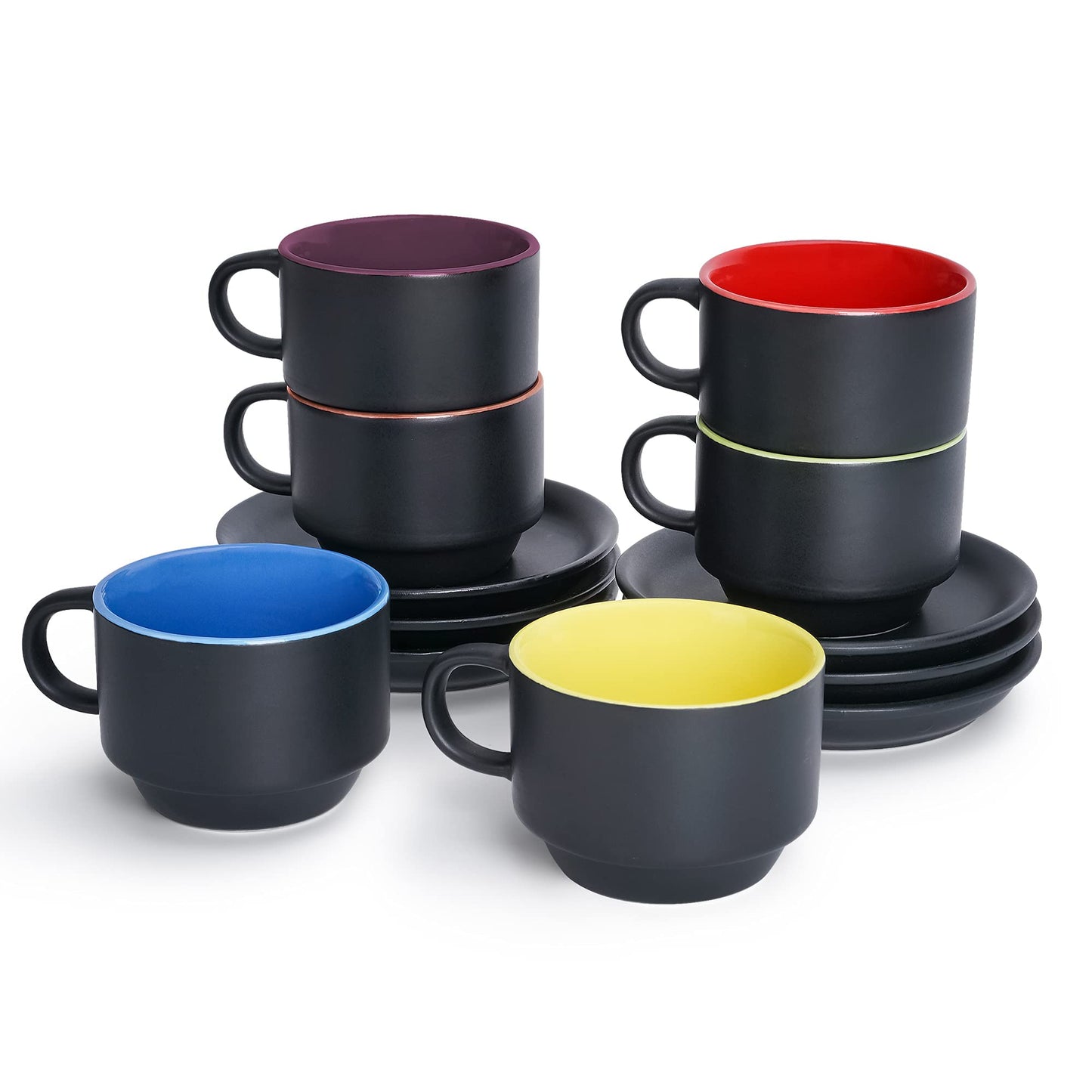 MIAMIO - 75 ml Espresso Cup Set with Saucers Coffee Mug Set of 6 - Ceramic Coffee Mug Stackable Espresso Mug with Stand for Coffee Drinks, Latte, Cafe Mocha - Le Papillon Collection (Mixed) Mixed