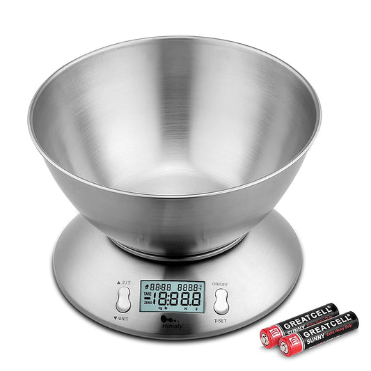 himaly Digital Kitchen Food Scales, Stainless Steel Weighing Cooking Scales with Detachable Bowl,11lb/5kg LCD Display with Tare Function, Temperature Sensor and Timer Alarm(2 AA Batteries Included) 5kg With Bowl