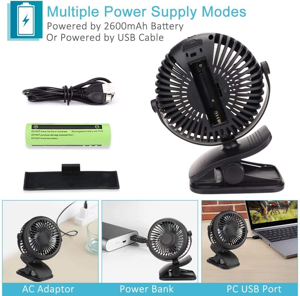 USB Fan, Telgoner Quiet Portable Clip Personal Mini Desk Fan with Rechargeble Battery, 3 Speed 360 Adjustable Cooling Desktop Fans Table Fans, Perfect for Baby Stroller, Traveling