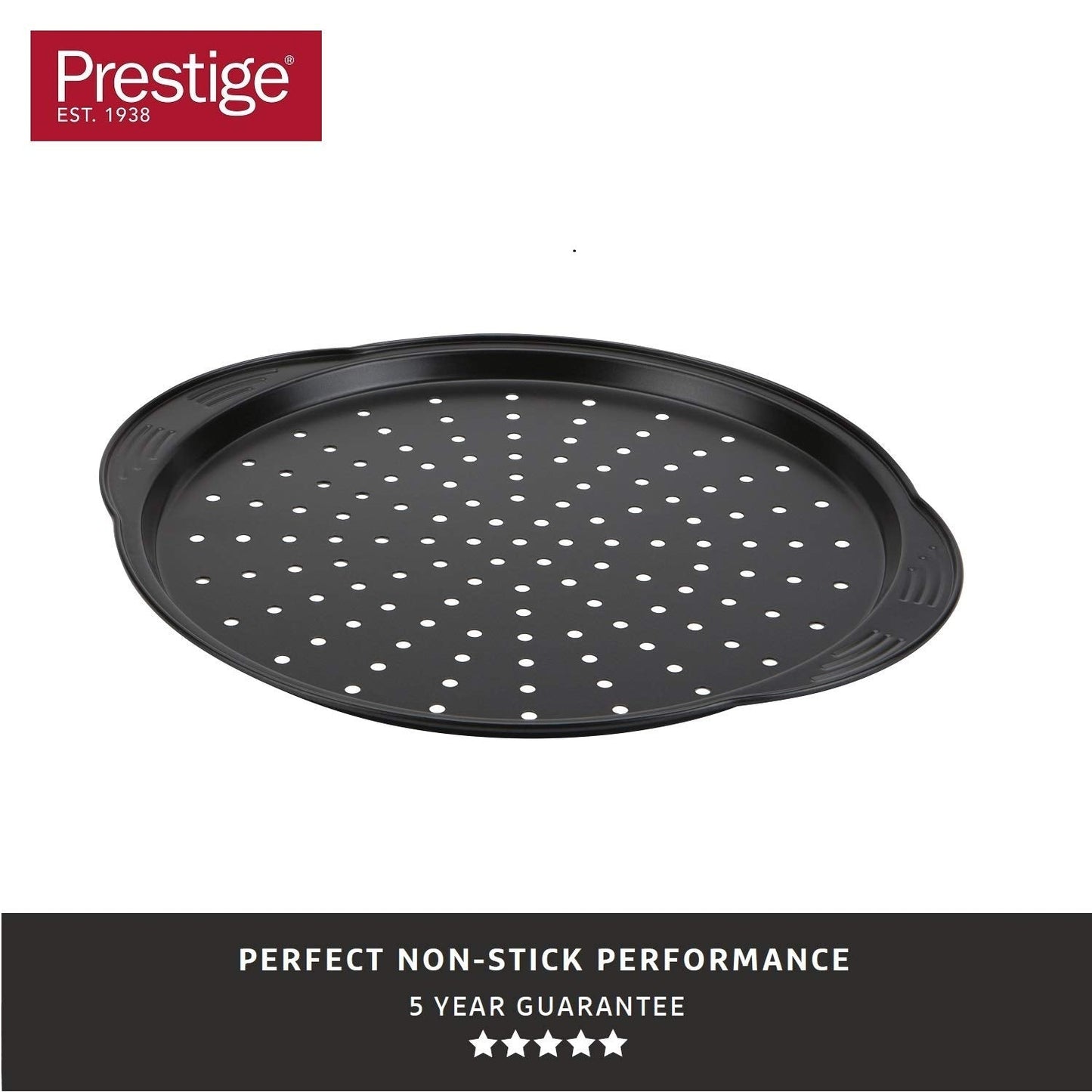 Prestige Non Stick Pizza Tray 12 inch - Aerolift Pizza Pan, Durable Carbon Steel with Extra Large Handles & Cushion Base, Pizza Oven Tray, 31 x 31 x 2 cm 12" Pizza Crisper