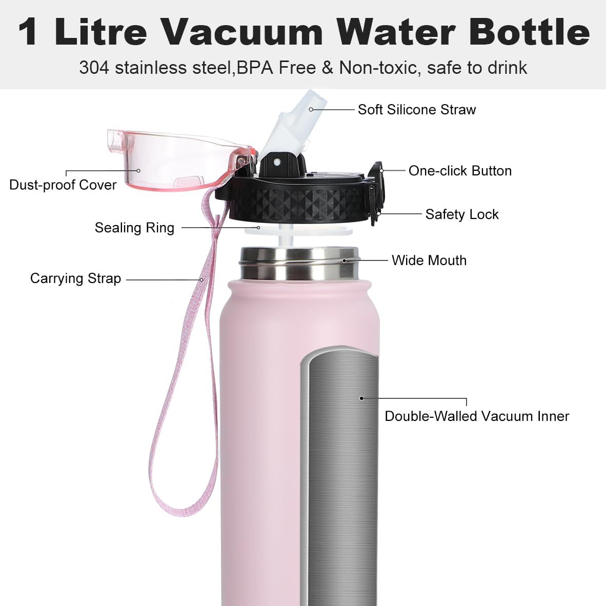 OLDLEY Stainless Steel Water Bottle with Straw 1L Vaccum Insulated Large Drink Flask Metal Water Bottles 1 Litre Leakproof Keep Drinks Hot Cold for Bike Camping Sports Gym Adult Women Men 1 Lid Pink