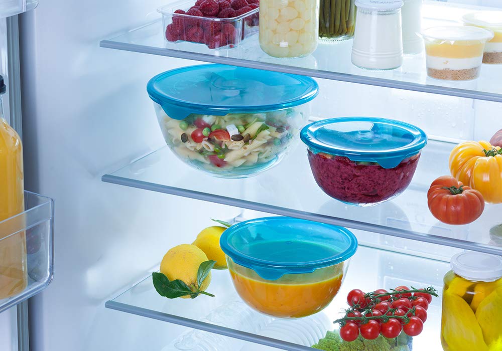 Pyrex - Set of 3 Resistant Glass Mixing/Salad Bowls with lids - 0.5L - 1L - 2L - Made in France With Lid