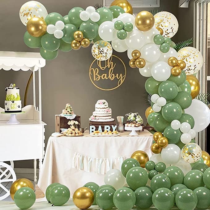 Olive Green Balloon Arch Kit, Sage Green Balloons Garland Kit, Green White Gold Confetti Balloons Kit for Boy Girl Birthday Party Balloons, Baby Shower Decorations, Jungle Safari Party Decoration A Sage Green