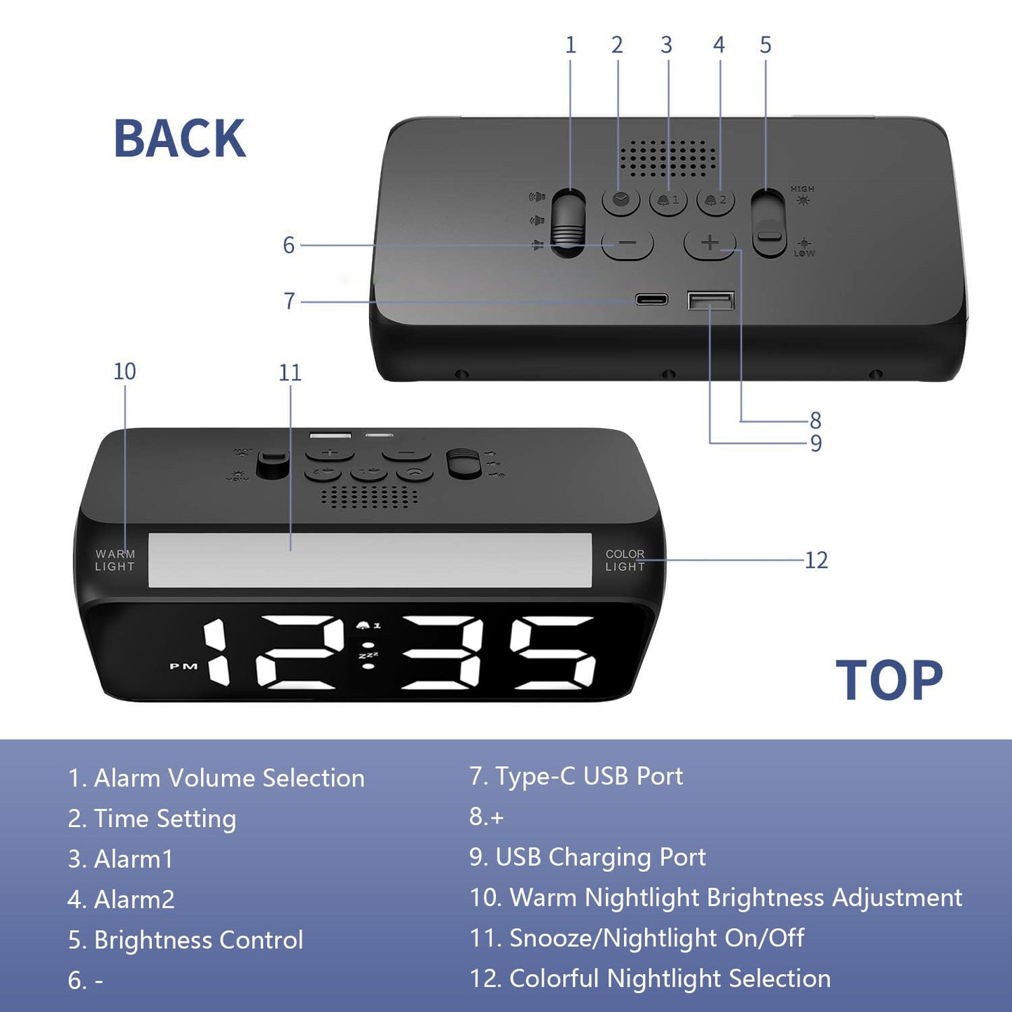 Alarm Clock Bedside with Night Light, Simple Large LED Display Big Number Digital Alarm Clocks for Living Room, with Dimmer USB Charger, Dual Alarm Clocks, Room Decor Black