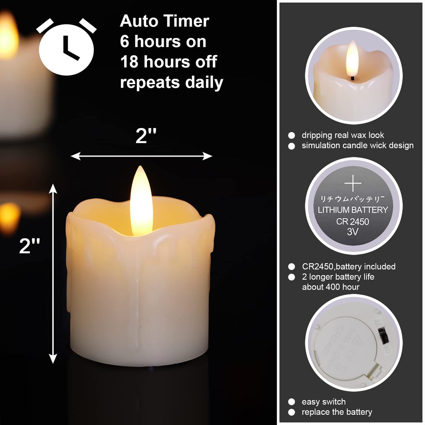 Homemory Battery Operated Tea Light Candles with Timer, 5X5CM Real Wax,300+Hour Realistic Black Wick Battery Operated Candles, Set of 6 for Wedding, Party and Holiday Decoration,Battery Included Warm White Timer Tealights