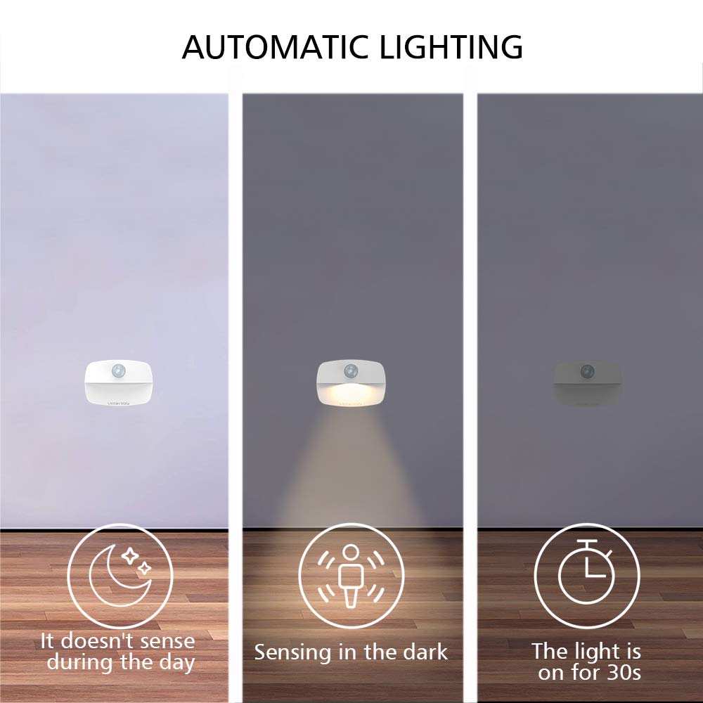 VESKYAO 3 Packs Motion Sensor Night Light, Indoor, Battery Operated LED Stairs Lights with Adhesive Pads, for Cupboard, Wardrobe, Shelf, Toilet- Warm White