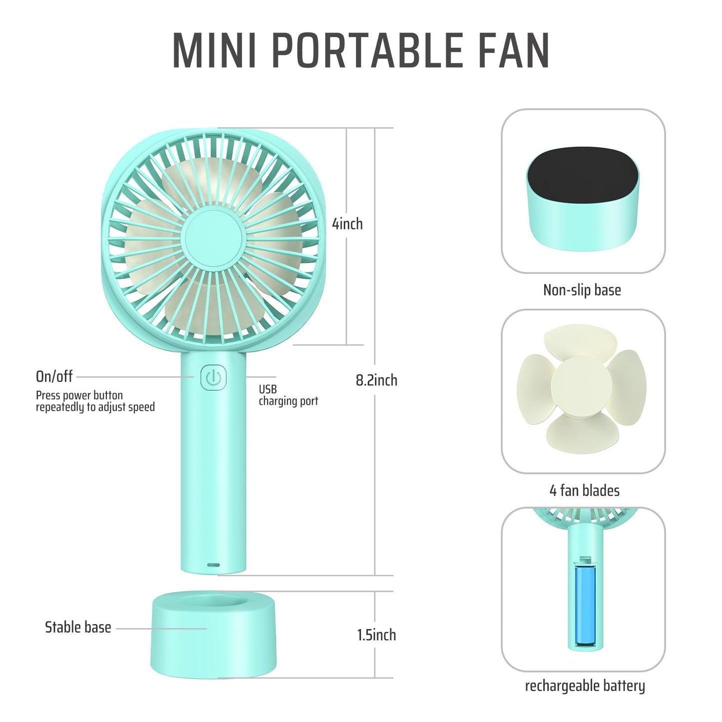 Jumkeet Mini Handheld Portable Fan Desk Fan USB Rechargeable Battery 2600 mAh, Personal Fan with Base, Table Fan Cooling Electric Sport Fan 3 Speeds for Home Travel Office Room Outdoor School (Blue) 1 Pack