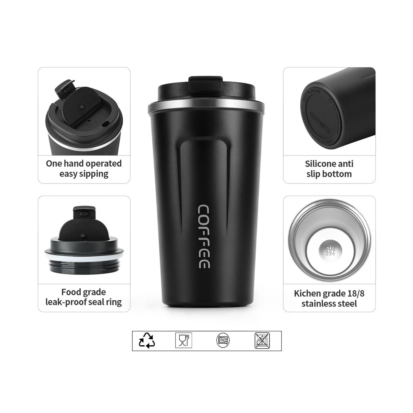 Artlive Coffee Cup, Travel Mug Insulated & Reusable Thermal Stainless Steel with Leakproof Lid & Eco-Friendly for Hot & Cold Drinks 380ml (Black) Black