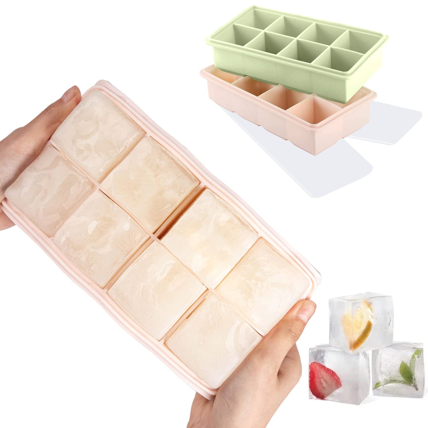 LessMo Ice Cube Tray, 2 Pack XXL Silicone Large 2 Inch Ice Cube Molds with Lids, for Whiskey, Cocktails & Wine (Green and Pink) Pink-green