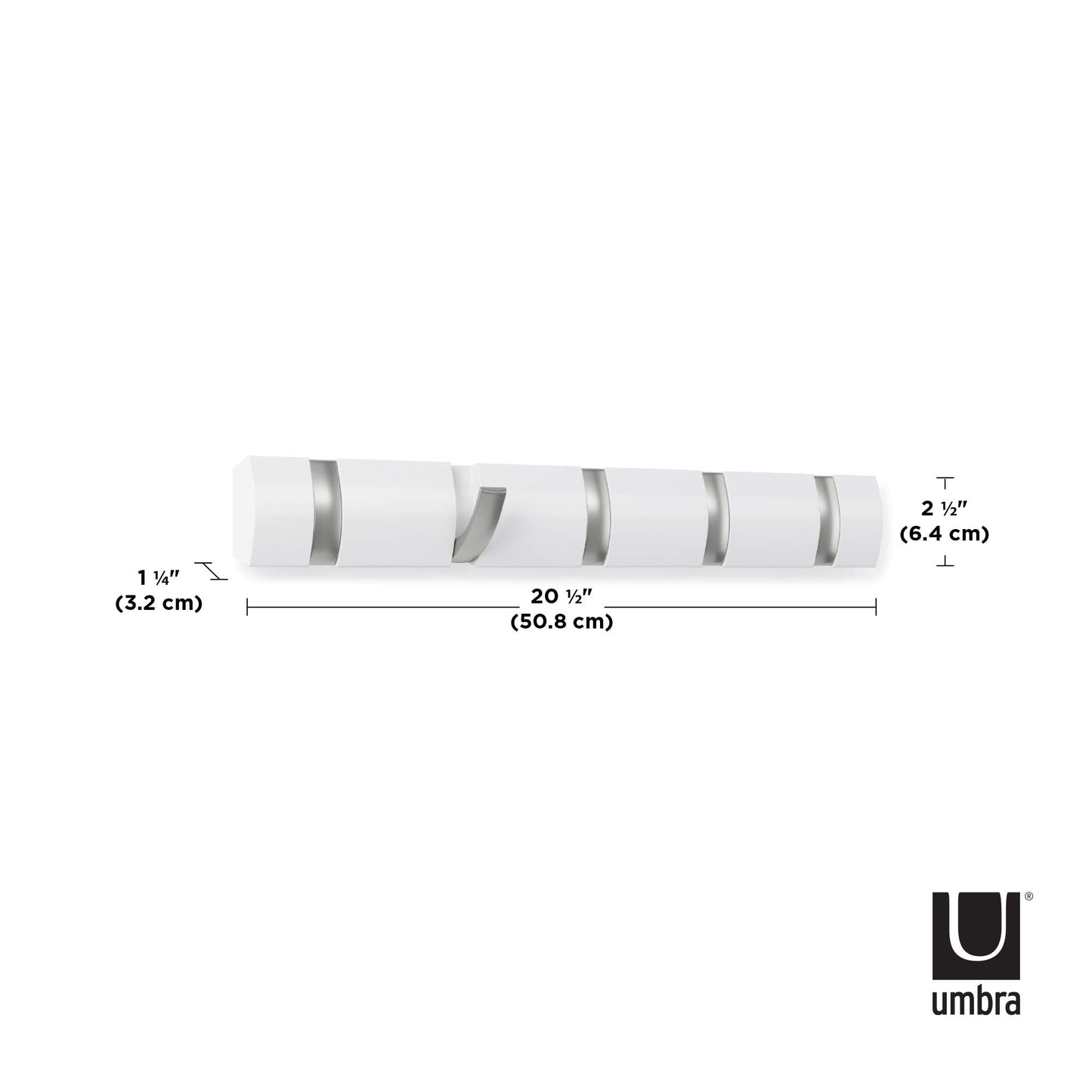 Umbra Flip 5-Hook Wall Mounted Coat Rack, Modern, Sleek, Space-Saving Coat Hanger with 5 Retractable Hooks to Hang Coats, Scarfs, Purses and More, White/Nickel Weiss 5 Haken