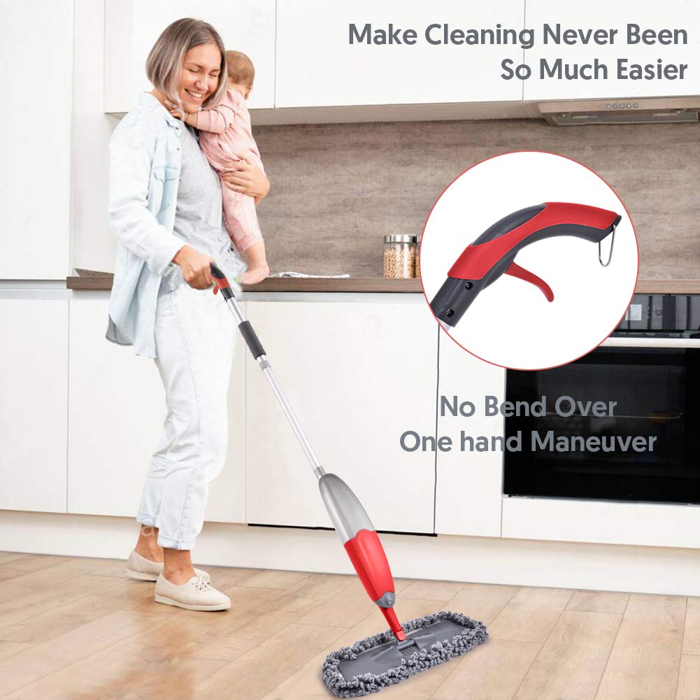 Microfibre Spray Floor Mop - HOMTOYOU Dry and Wet Hardwood Floor Cleaning Mop with 635ml Refillable Bottle 360 Degree Rotatable Spin Dust Chenille Mop with 3 Reusable Refills for Laminate Tile Marble Red/Balck