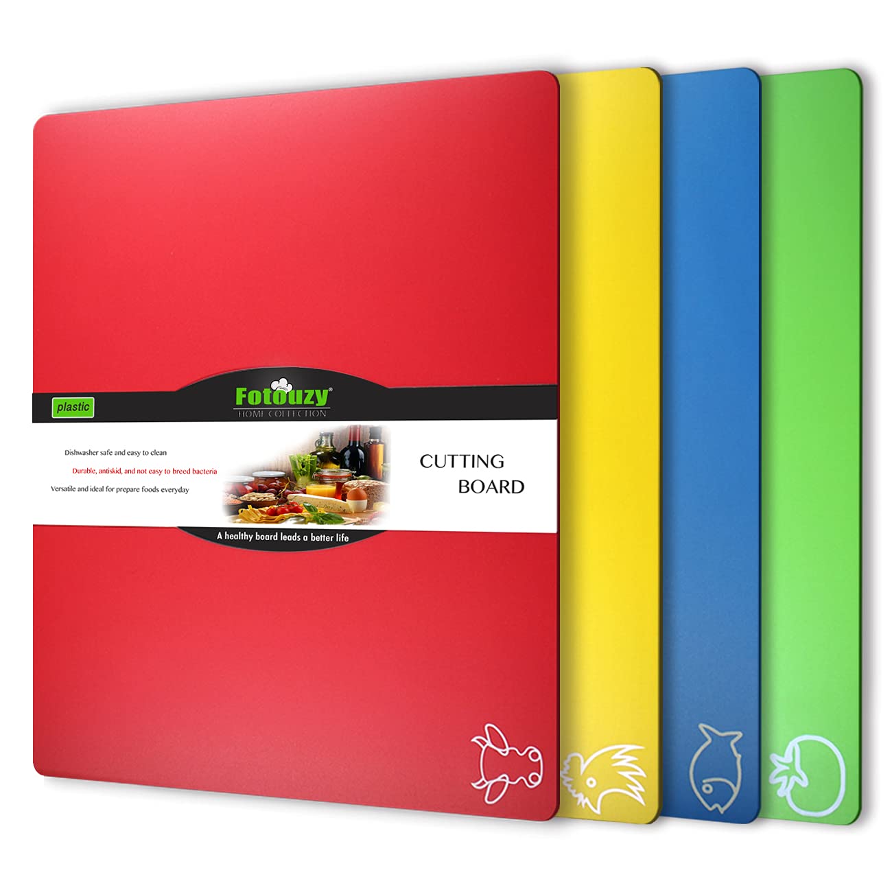 Fotouzy Plastic Cutting Board Flexible Mats with Food Icons, Set of 4, Upgrade 100% Anti-Skid Back, BPA-Free, Non-Porous, Dishwasher Safe, Rainbow Colors 4 Multicolours