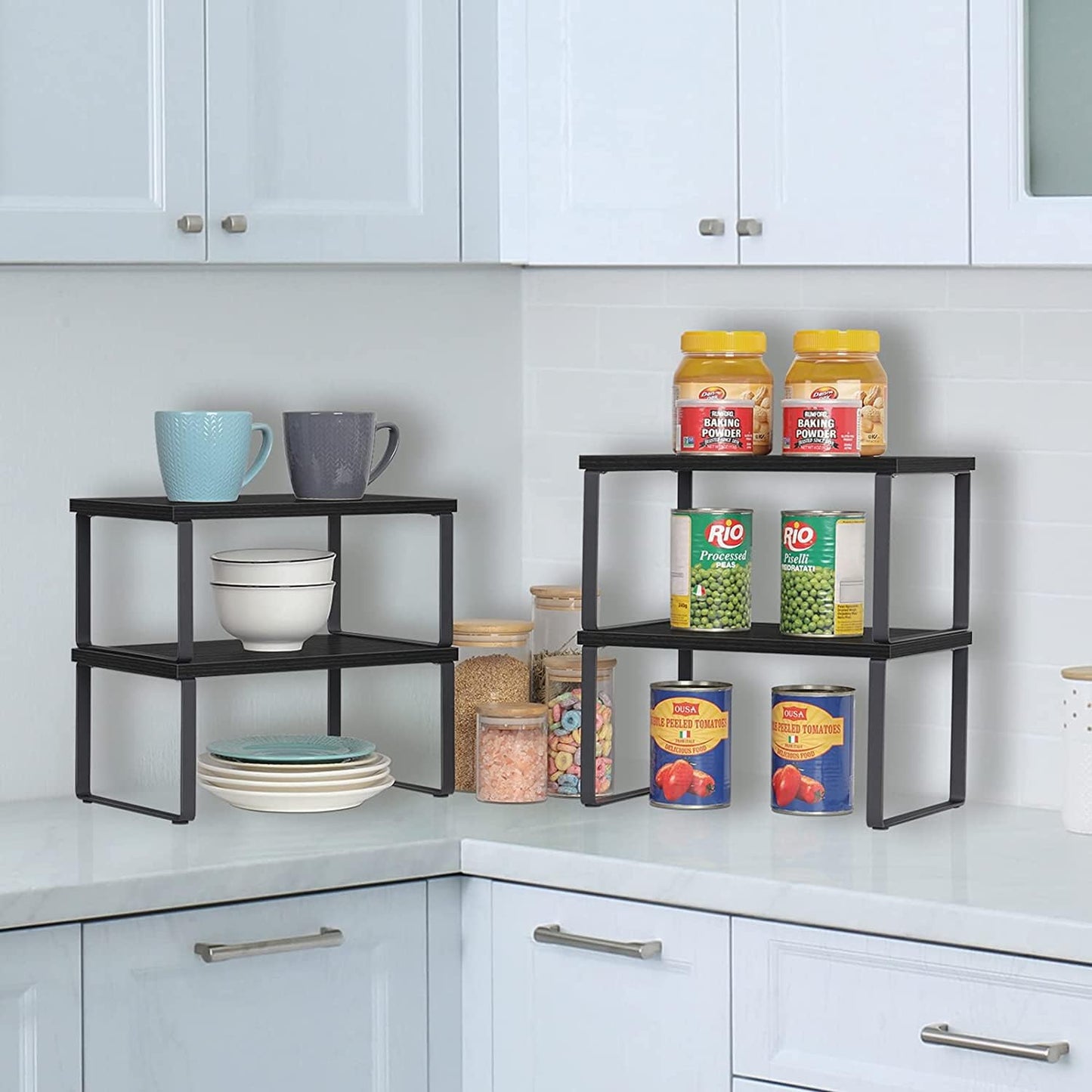 CADUKE Set of 4 Kitchen Counter Shelves Stackable Shelf Organizer Stackable Wood Countertop Shelf Expandable Cabinet Shelf Organizers Countertop Storage Rack for Pantry, Industrial Black