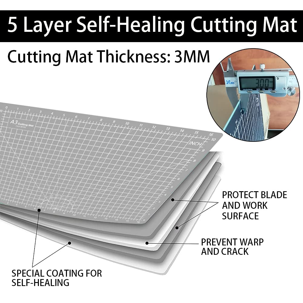 Headley Tools 12 x 18 Inch Thickened Self Healing Cutting Mat, A3 Rotary Cutting Sewing Mat for Crafts, Double Sided 5-Ply Cutting Board for Fabric Leather Modeling Hobby Project, Black/Grey A3: 30×45 cm