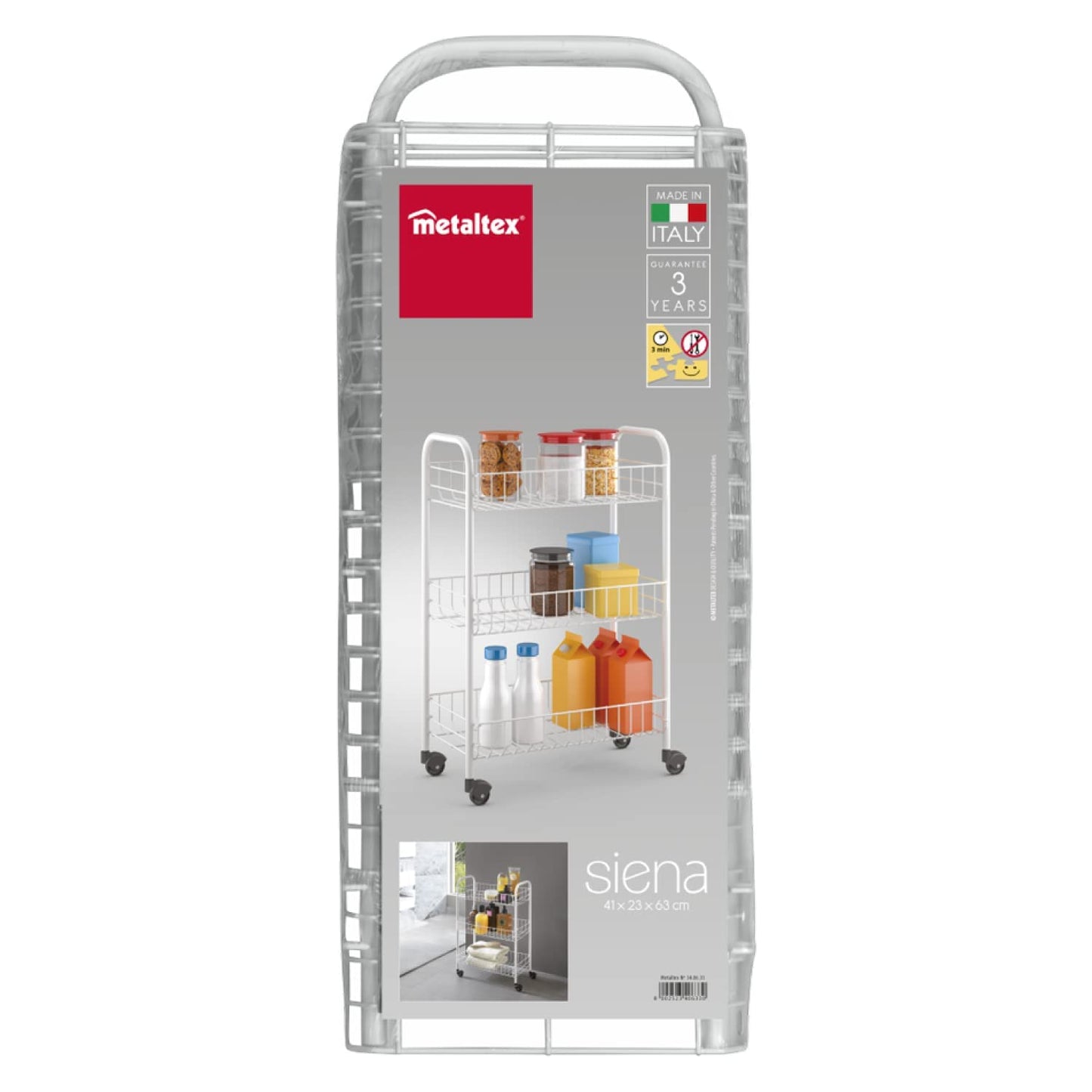 Metaltex Siena 3-Tier Trolley with Wheels - Multipurpose Storage Cart for Home including Kitchen, Bathroom, Office and Garage – White Metal, 400 grams 23 x 41 x 63 cm