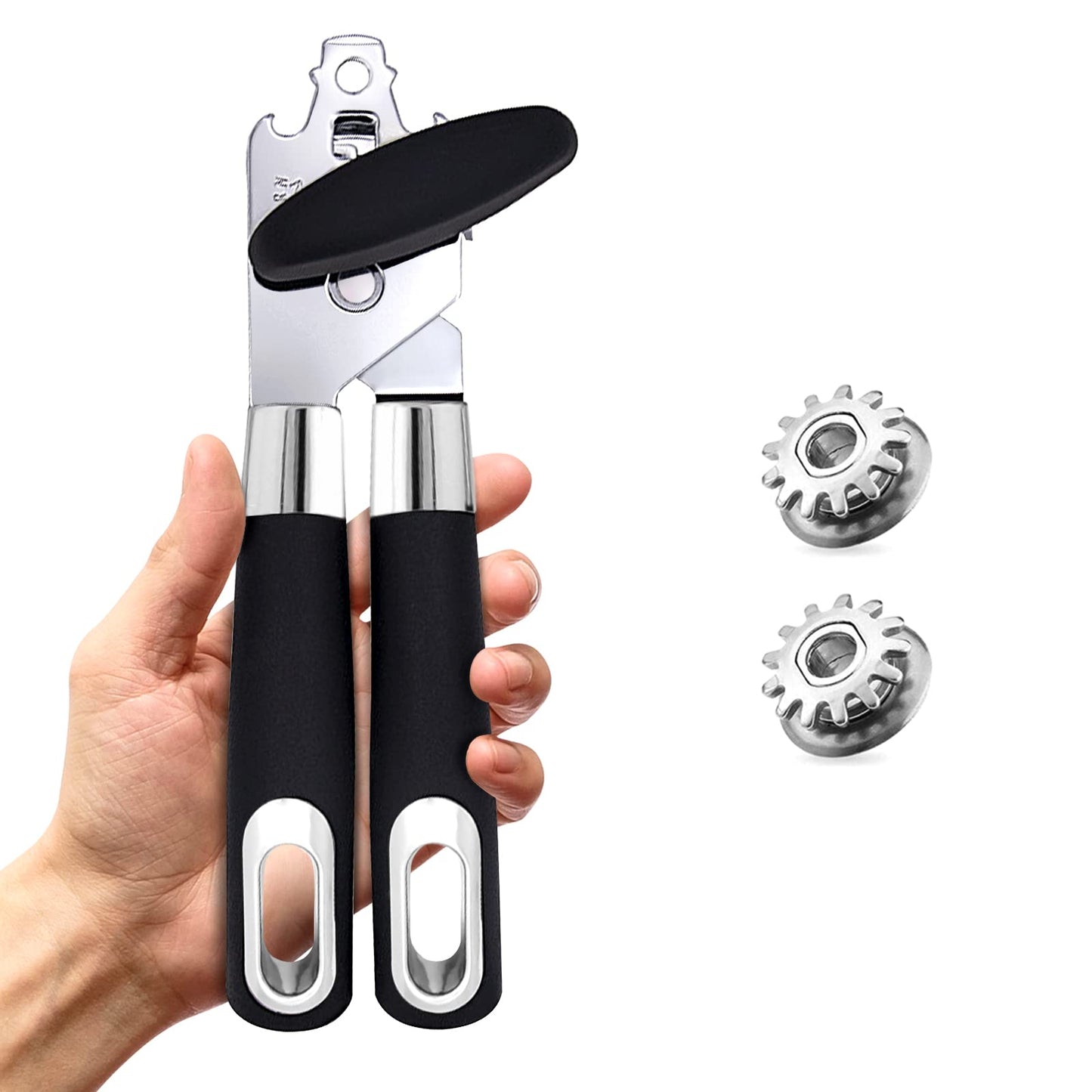 Navani Stainless Steel Can Opener Manual That Work Comes with 2 Additional Smooth Edge Tin Opener Replacement Blades and Also an Ergonomically Jar Opener Suitable for The Elderly with Arthritic Hands Black With 2 Blades