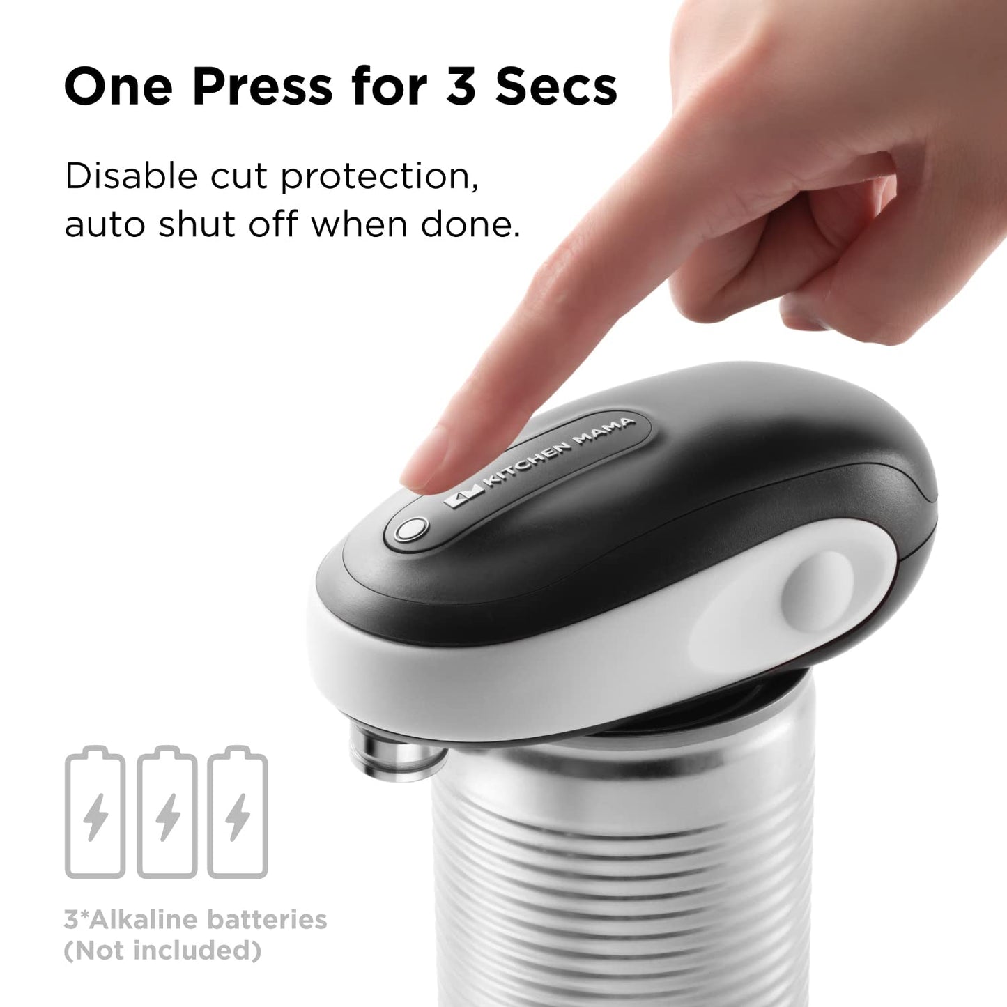 Kitchen Mama One-to-Go Electric Can Opener: Open Cans with One Press - Auto Detect & Cut Any Can Shape, with Auto-Stop, No Sharp Edges, Handy Lid Remover, Battery Powered (White) One-to-go White