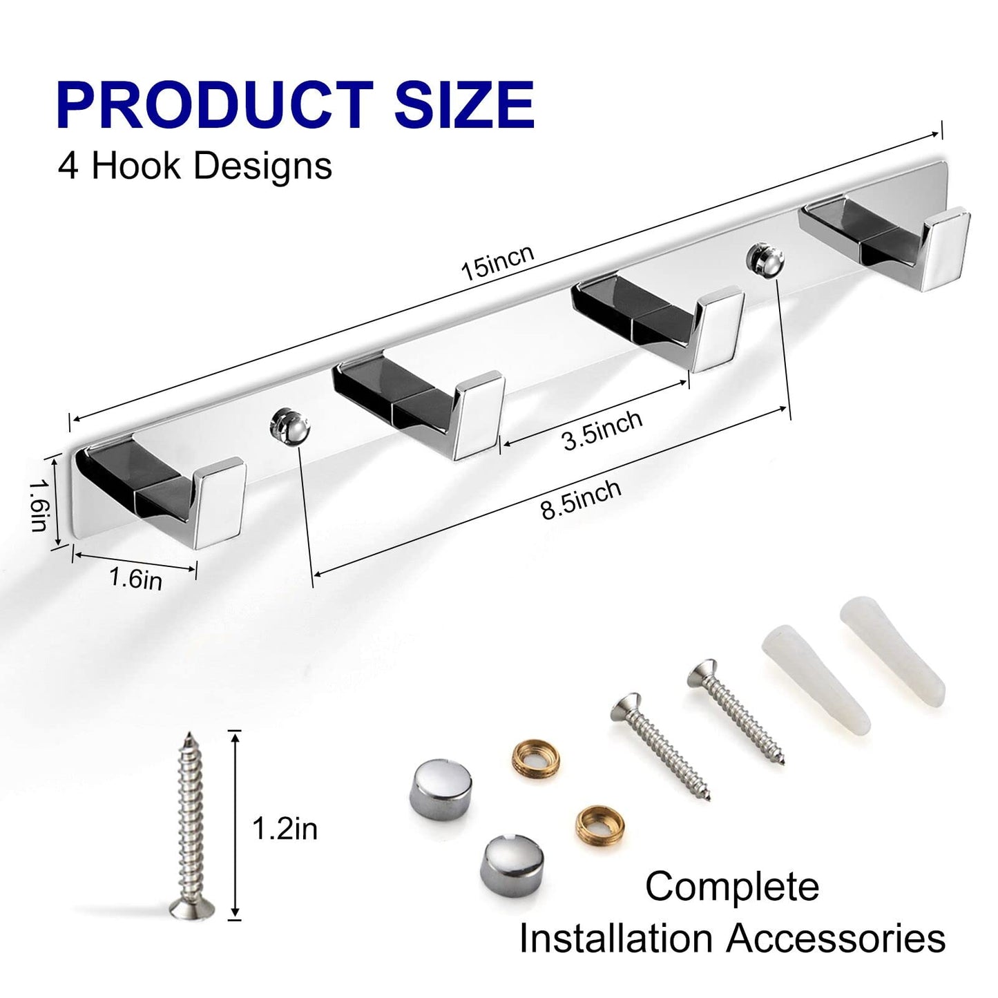 BOOKARROW 4 Bathroom Towel Hooks, Chrome Wall Mount Screw Fixed Door or Robe Hook, Coat Hanger Rack in Bedroom or Kitchen 410 4 chrome coat hook