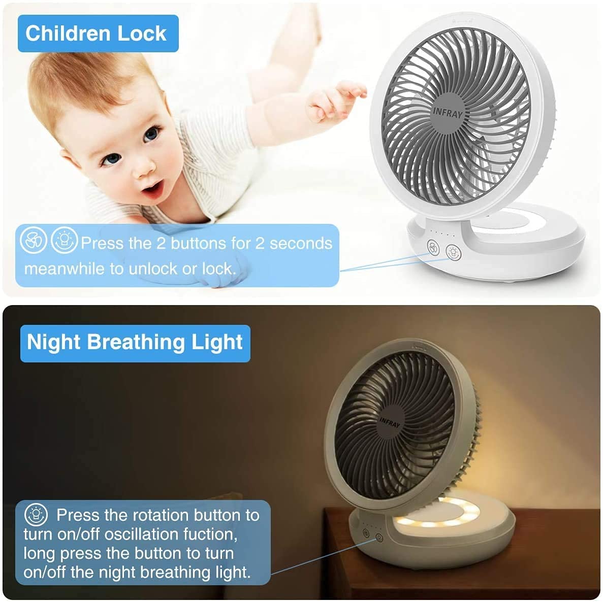 infray USB Desk Fan Rechargeable Portable Oscillating Table Fan with Night Breathing Light, Air Circulator Foldable Quiet Fan Desktop Personal Fan with 4 Speeds Setting for Home Office - White