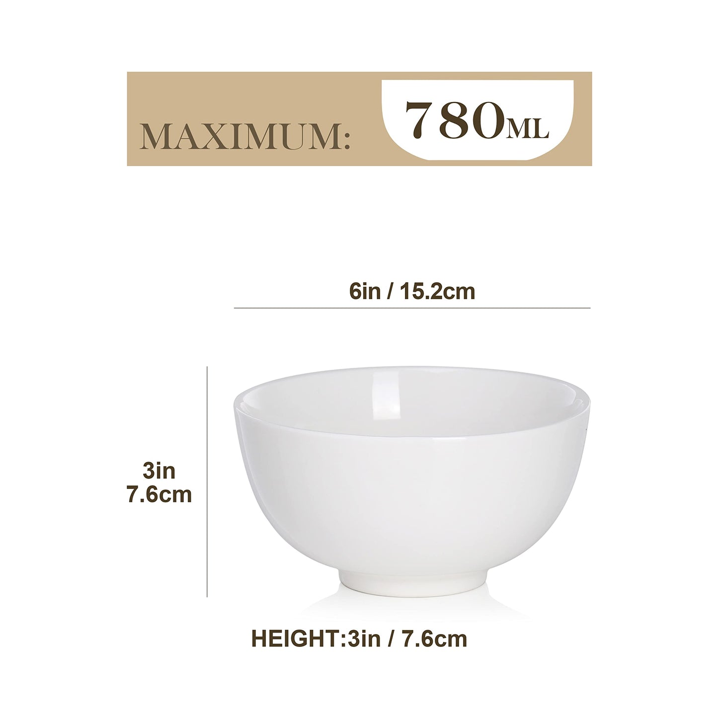 MALACASA, Series Regular, 780ml Porcelain Bowls/Cereal Bowls/Soup Bowls/Pasta Bowls/Dessert Bowls/Breakfast Bowls/Ice Cream Bowls/Snack&Dip Bowls (15.3 * 15.3 * 7.8CM), Set of 4 780 ML Ivory White