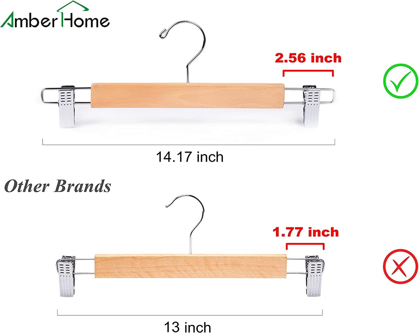 Amber Home 36cm Natural Wooden Pants Hangers 10pcs, Smooth Wood Skirt Hanger Organizer with Adjustable Anti-Slip Chrome Clips, Space Saving Solid Clothes Hangers Rack for Bottoms Jeans Slacks Trousers Natural 10