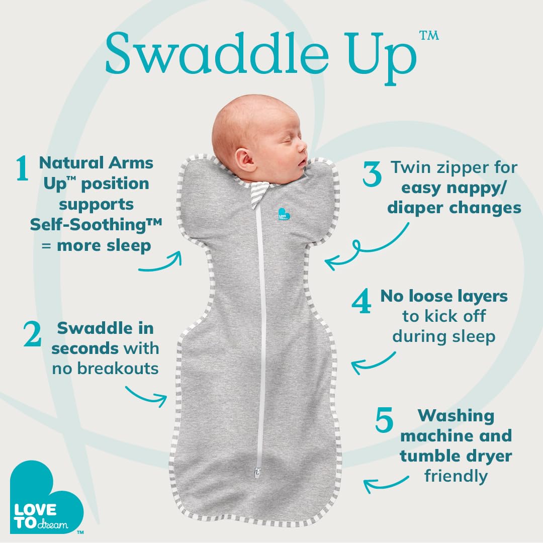 Love To Dream Swaddle Up Original, Small (3.5-6kg), Ideal Fabric for Moderate Temperatures (20-27°C), Arms Up Position, Hip-Healthy, Twin Zipper for Easy Nappy changes, Grey