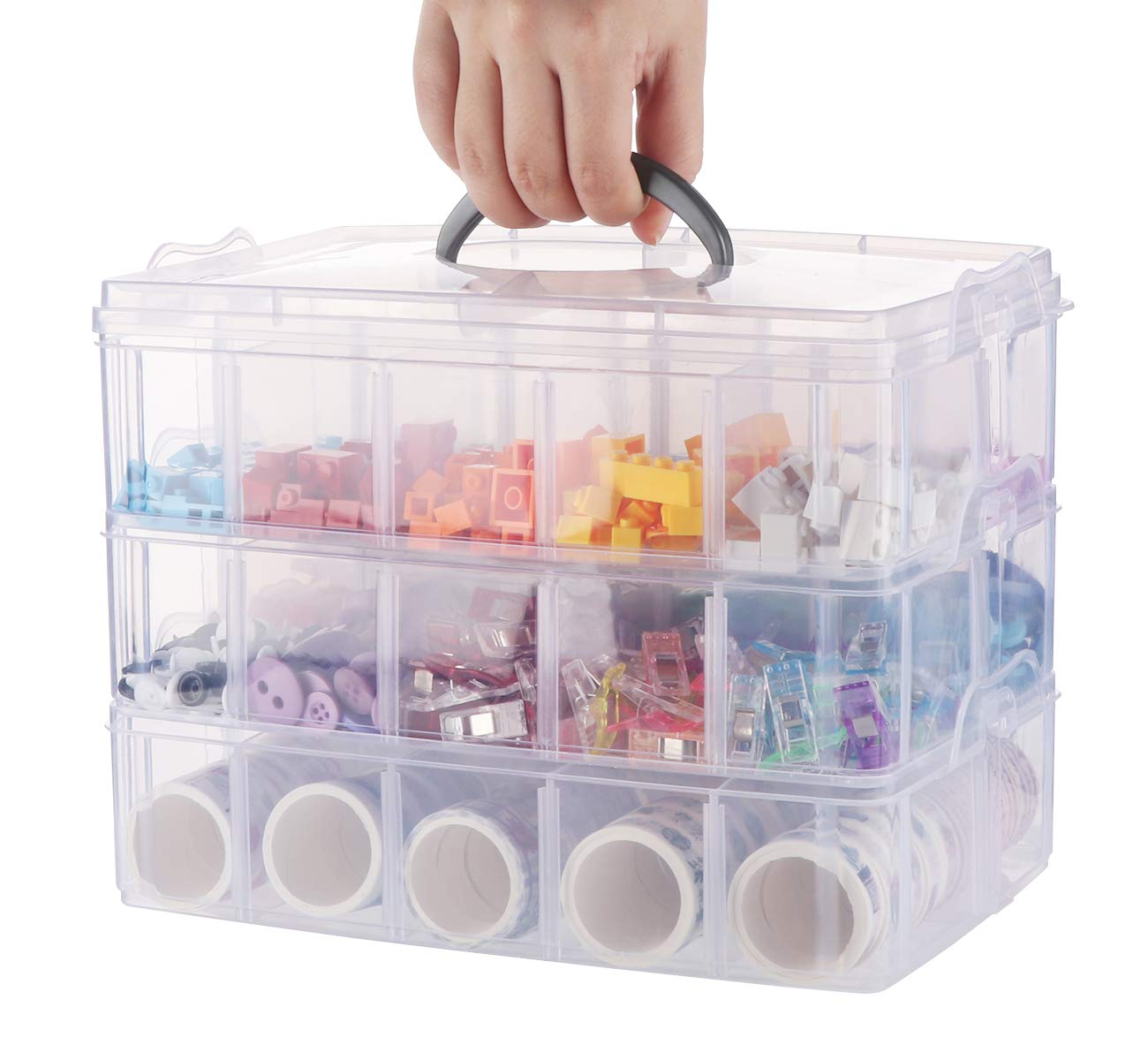 Anstore Craft Storage Box with Compartments, 3-Tier 30 Sections Transparent Stackable Plastic Box Organiser with Handle, Practical Sorting Box for Crafts, Jewelry, Toy, Sewing Accessories Large