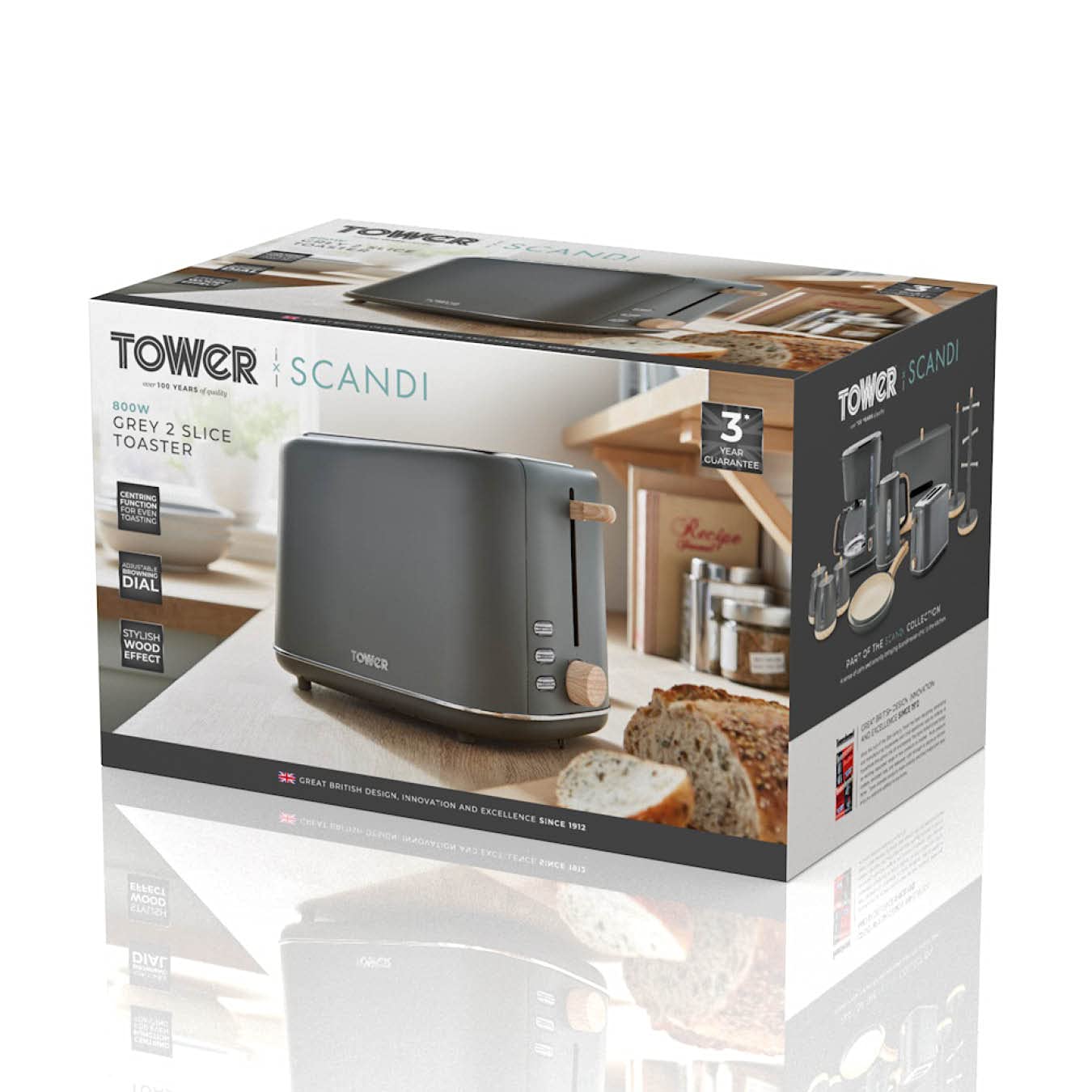 Tower Scandi T20027G 2 Slice Toaster with Adjustable Browning Control, Grey with Wood Accents Single