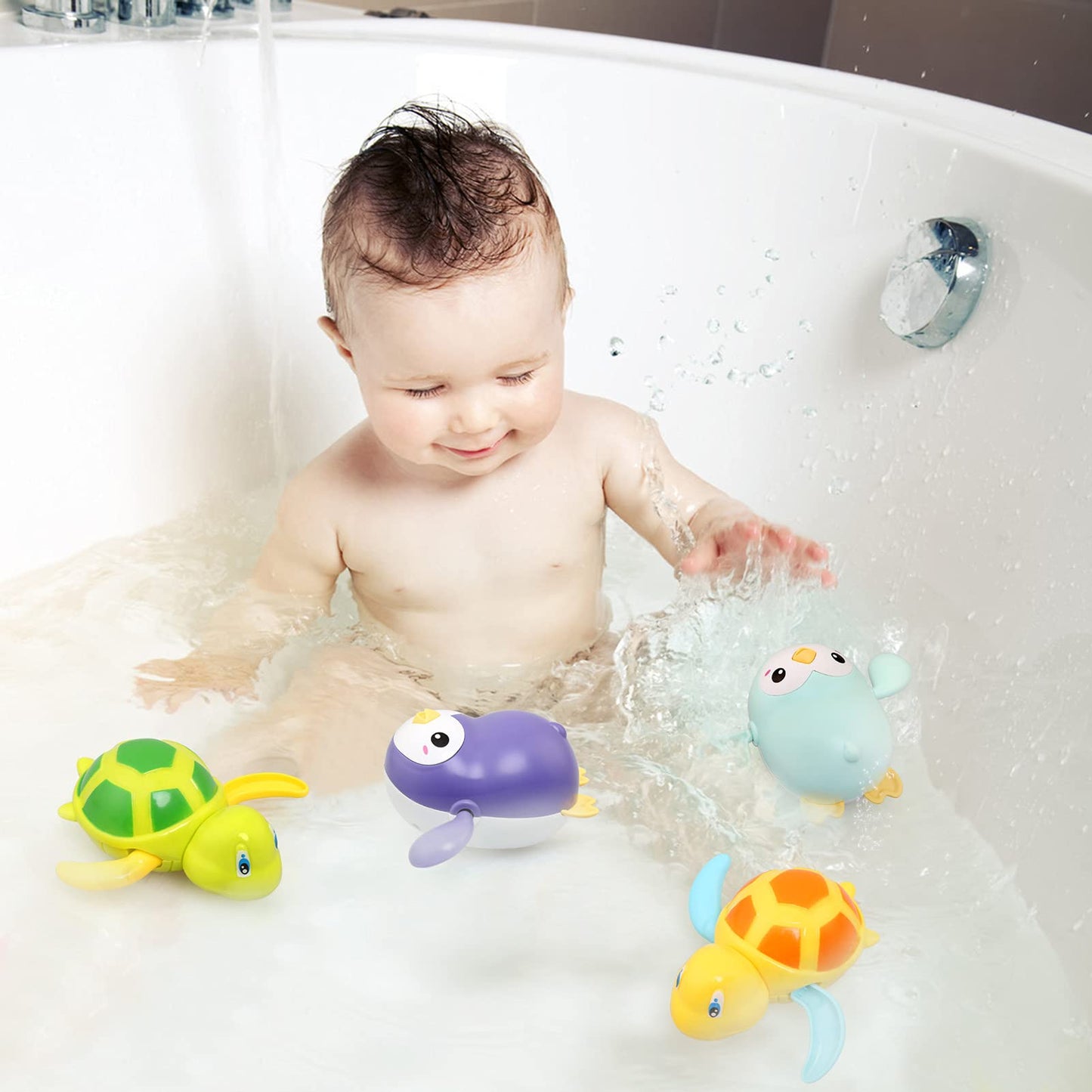 BelleStyle Bath Toys for Kids, Baby Wind Up Bath Toys, Swimming Water Floating Turtle Penguin Clockwork Bathtub Pool Toy Game for Kids Boys Girls Toddlers Baby Bath Time A