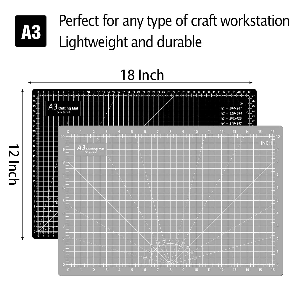 Headley Tools 12 x 18 Inch Thickened Self Healing Cutting Mat, A3 Rotary Cutting Sewing Mat for Crafts, Double Sided 5-Ply Cutting Board for Fabric Leather Modeling Hobby Project, Black/Grey A3: 30×45 cm