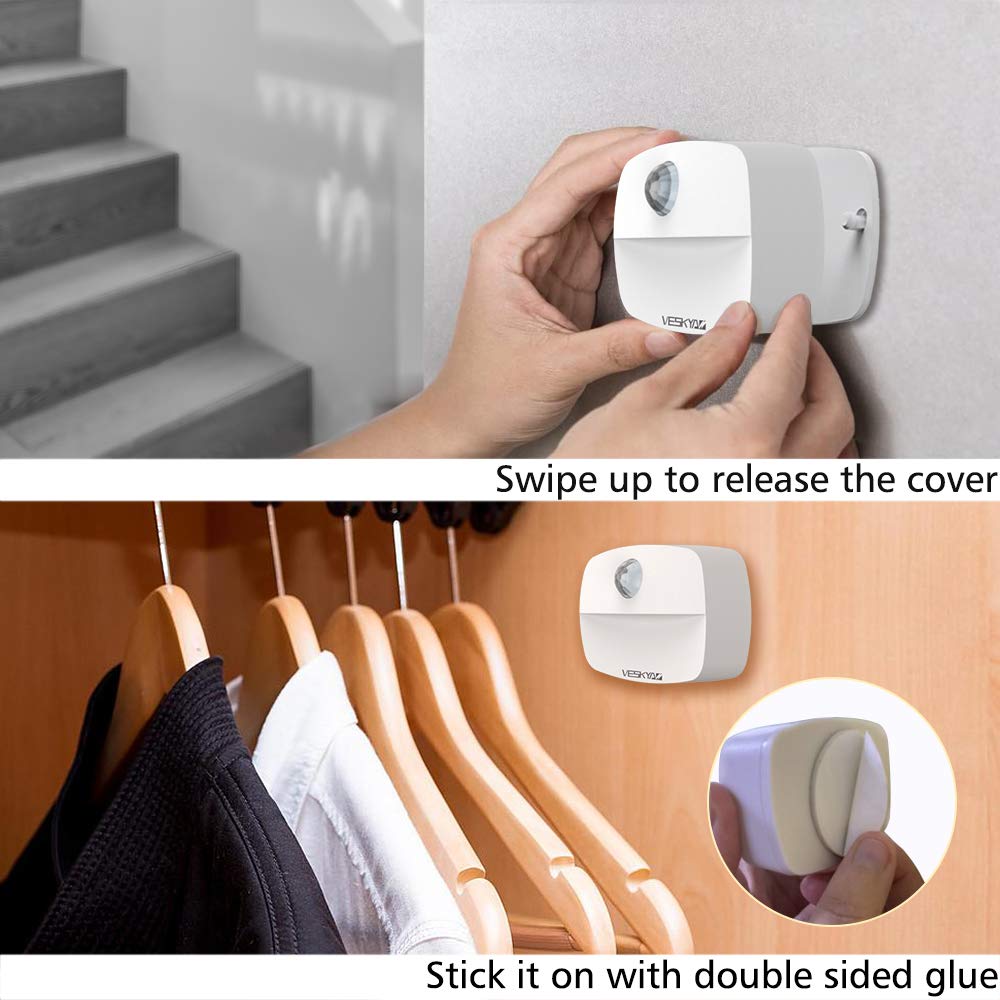 VESKYAO 3 Packs Motion Sensor Night Light, Indoor, Battery Operated LED Stairs Lights with Adhesive Pads, for Cupboard, Wardrobe, Shelf, Toilet- Warm White