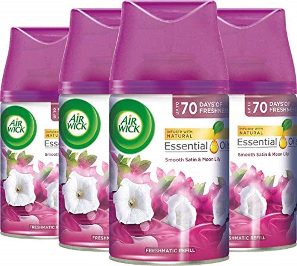 Air Wick |Smooth Satin & Moon Lily |Automatic Air Freshener | Freshmatic Auto Spray Refill | 250ml| Pack of 4| Packaging may vary Smooth Satin & Moon Lily 1 Count (Pack of 4)