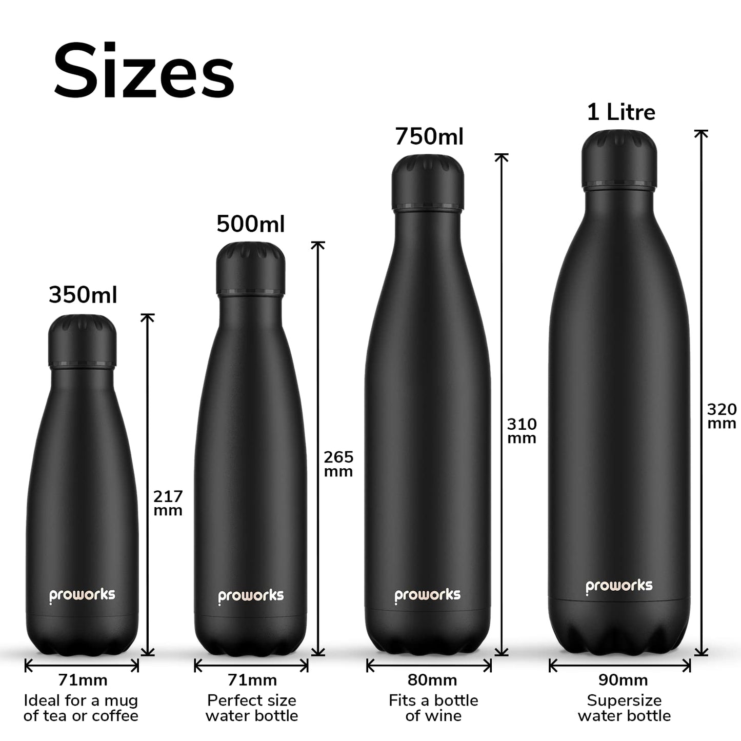 Proworks Performance Stainless Steel Sports Water Bottle | Double Insulated Vacuum Flask for 12 Hours Hot & 24 Hours Cold Drinks - Great for Home, Work, Gym & Travel - 1L - BPA Free – All Black 1 Litre