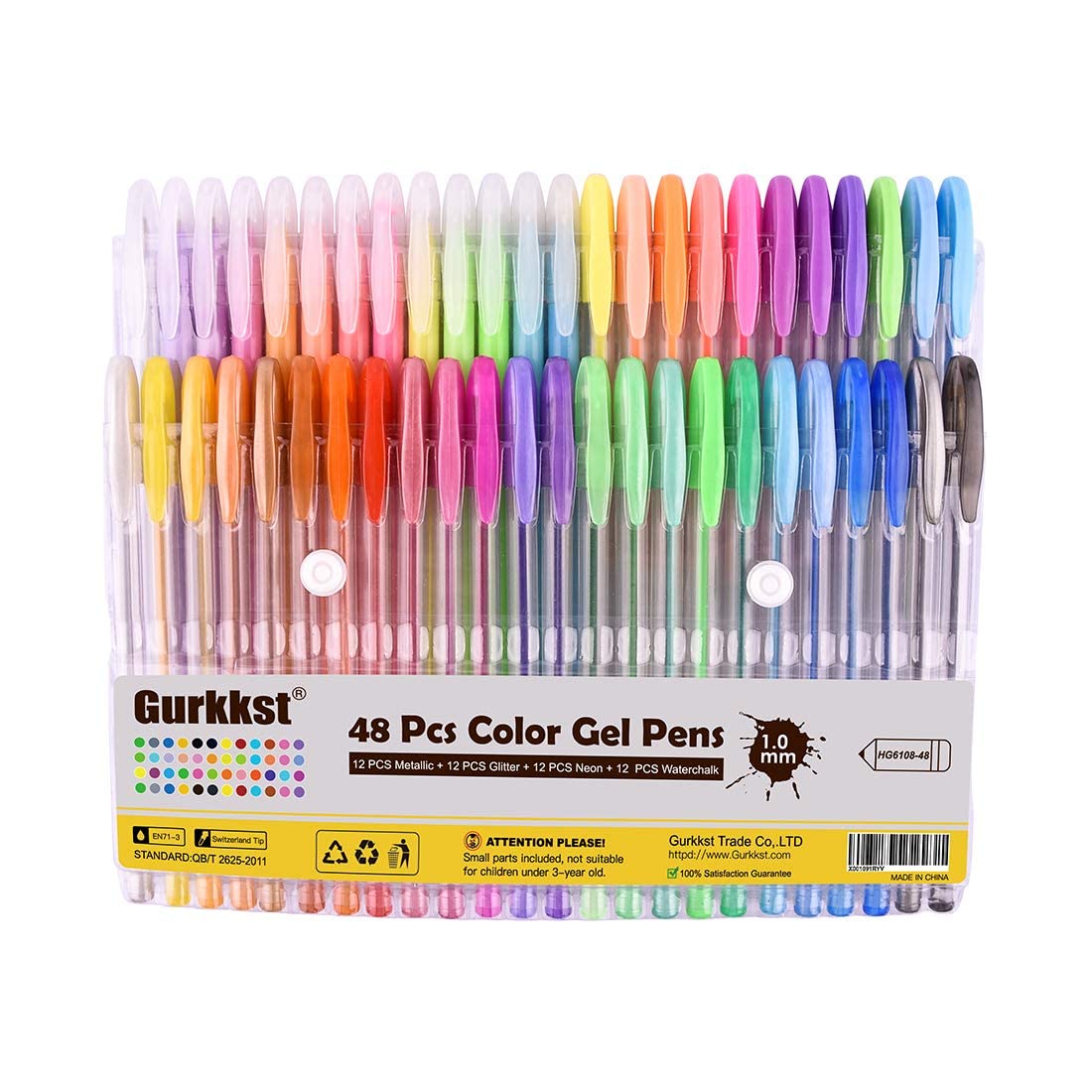 Gurkkst 48 Packs Color Gel Ink Pens Set The Best Gel Pens for Adult and Kid Colouring Books,Drawing,and Writing (12 Metallic + 12 Glitter + 12 Neon + 12 Water Chalk)