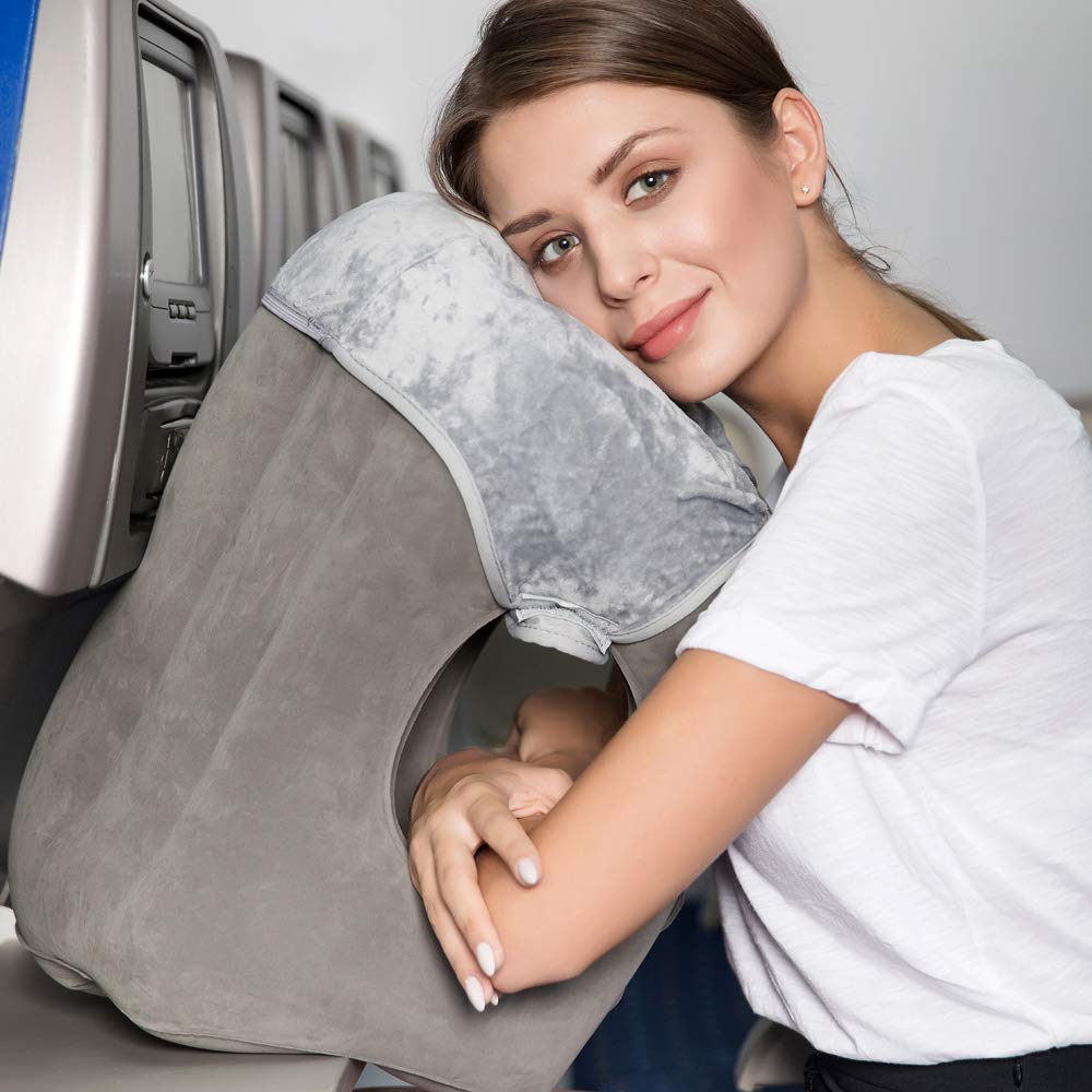 Head Supporting Travel Pillow- Multifunction Inflatable Travel Pillows for Sleeping on Airplane Train Bus Office Dark Grey