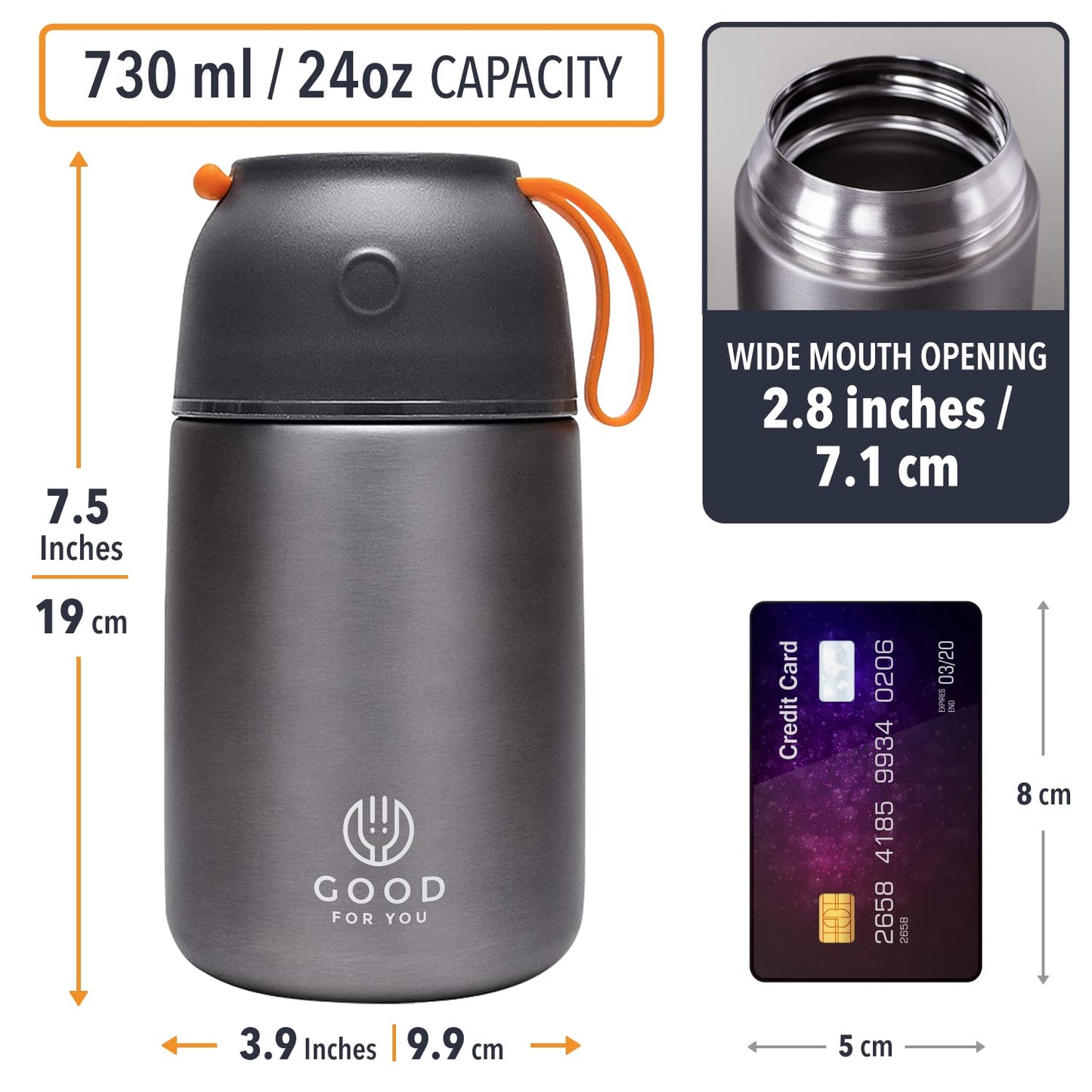 GOOD FOR YOU - Thermal Food flasks for hot food, Soup containers, ideal as a thermal lunch box, soup flask or food warmer lunch box - Stainless Steel insulated food container - Grey 730 ml