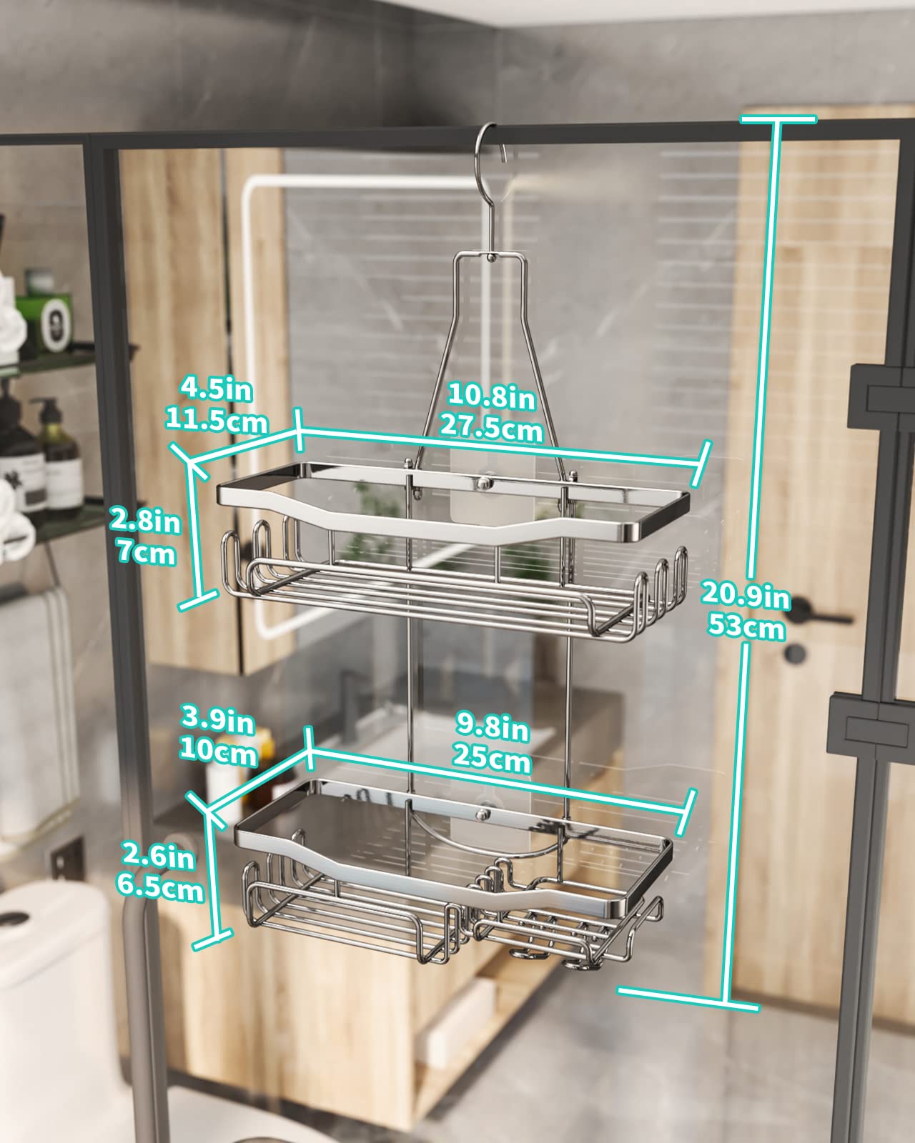 HapiRm Hanging Shower Caddy, No Drilling Shower Shelf with Razor and Soap Holder, Rust-resistant Shower Organiser for Shower Accessories, 2 Tier Shower Caddy Hanging, 3 Screw Adhesives, Silver Silver-01