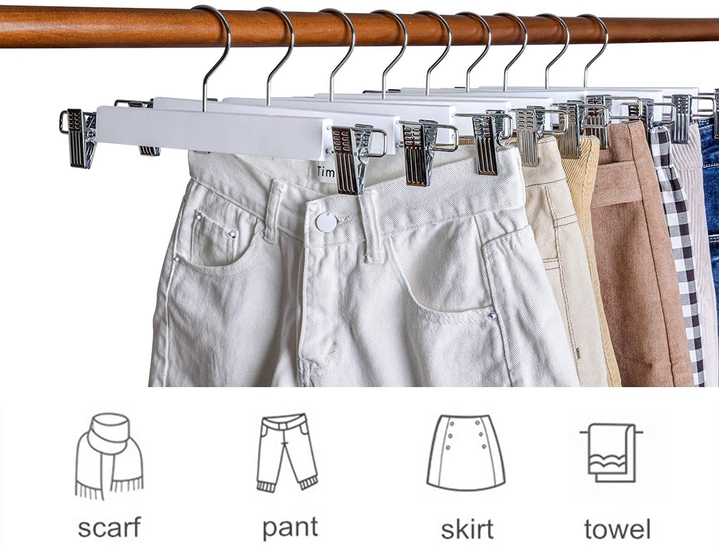 Amber Home 36cm White Wooden Pants Hangers 20pcs, Smooth Wood Skirt Hanger Organizer with Adjustable Anti-Slip Chrome Clips, Space Saving Solid Clothes Hangers Rack for Bottoms Jeans Slacks Trousers White 20