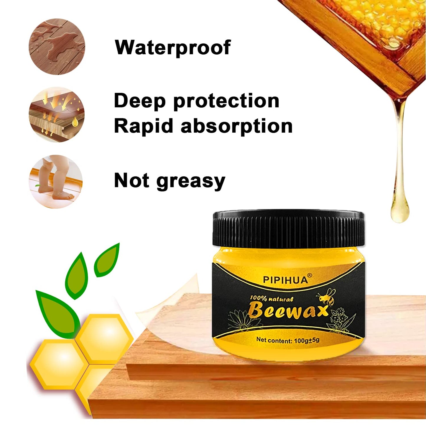 PIPIHUA Wood Seasoning Beeswax,Multipurpose Waterproof & Repair Wood Wax,Furniture Care Anti-Slip Wax,Traditional Beeswax Polish for Wood & Conditioner,2×100g with 4 Sponges 6 Piece Set