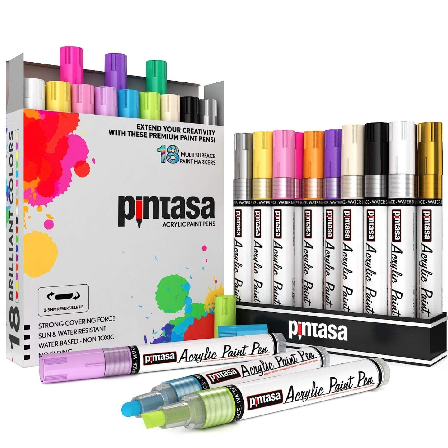 PINTASA Acrylic Paint Pens – 18 Rock Painting Art Paint Markers – Quick Dry Glass Couloring Kit, Canvas, Ceramic, Porcelain, Wood, Mug, Fabric, or Kids DIY Crafts | Water-Based Ink and Microfiber Tips