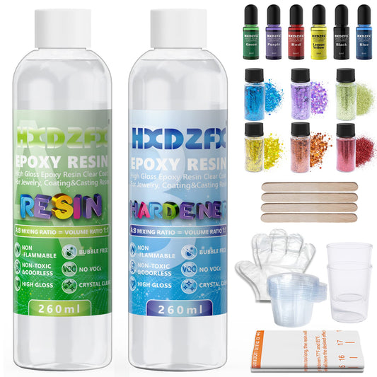 Epoxy Resin Crystal Clear Kit For Beginners - 2 Part 520ml/20oz Clear Coating Resin Starter Kit- Resin Art Casting Jewellery Making Kit for Wood, Table, Tumbler, Bonus Measuring Cup, Sticks and Gloves Epoxy Resin 520ml