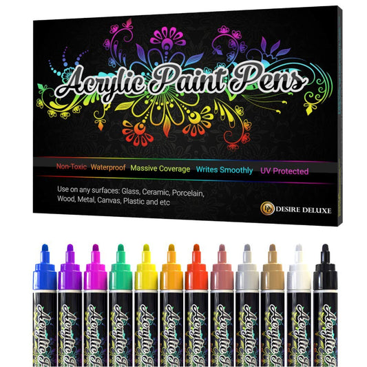 Desire Deluxe Acrylic Paint Pens - Non Toxic Water Based Rock Painting Waterproof Kit Markers for Stone, Ceramic, Glass, Wood, Porcelain, Pebbles - Reversible Round Tip