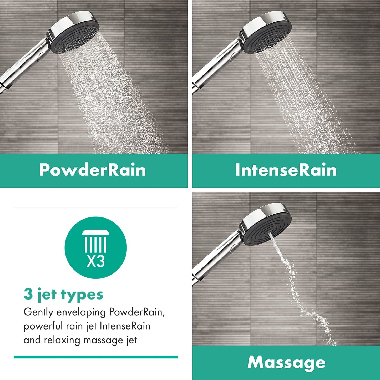 hansgrohe Pulsify Select S - water-saving shower head 9 l/min (EcoSmart), hand shower round (⌀ 105 mm) with 3 sprays (Relaxation version), with anti-limescale function, chrome 3 water-saving sprays with PowderRain and massage spray