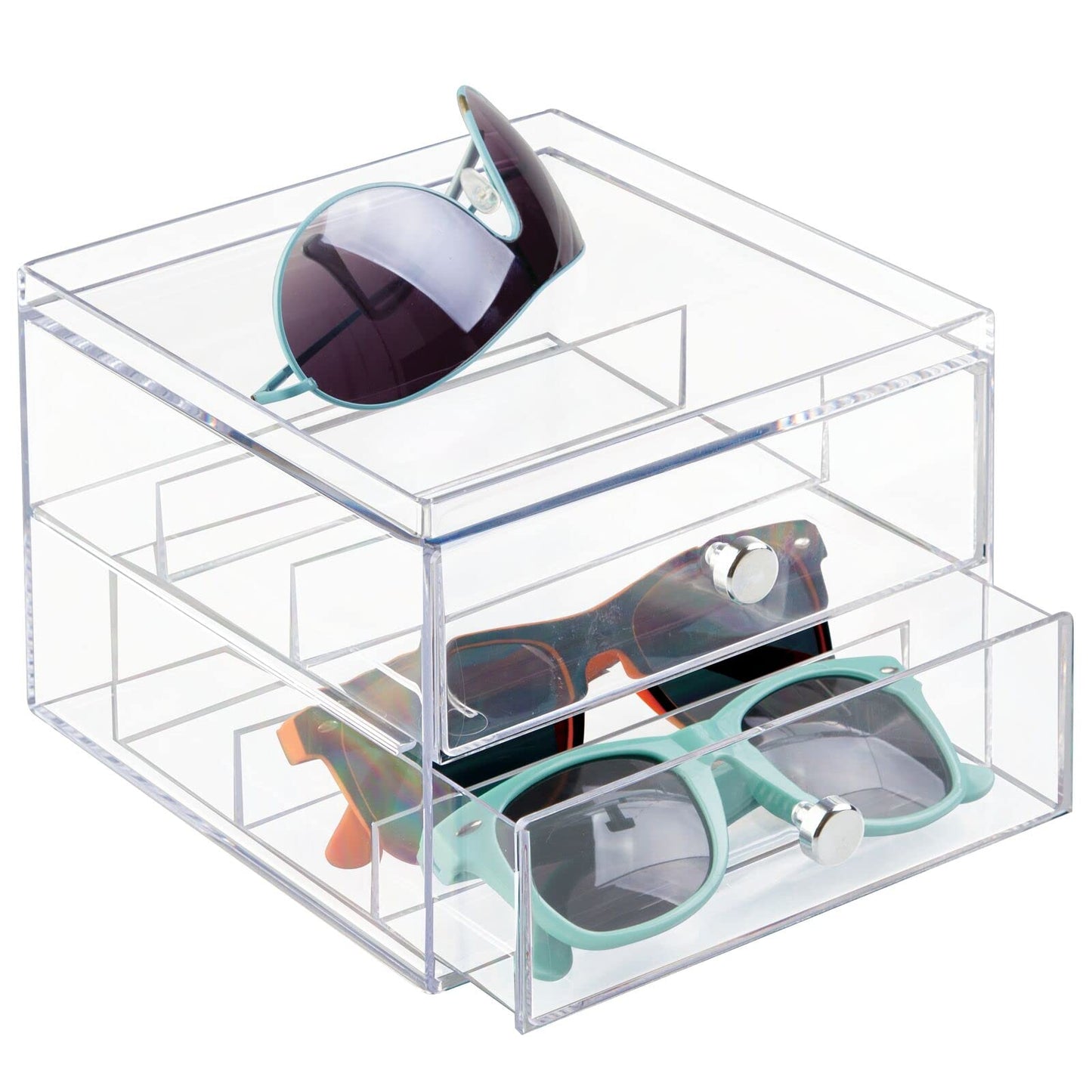 mDesign Glasses Display Case — Eyeglasses Storage Box with 2 Divided Drawers — Spectacle Storage Unit Clear