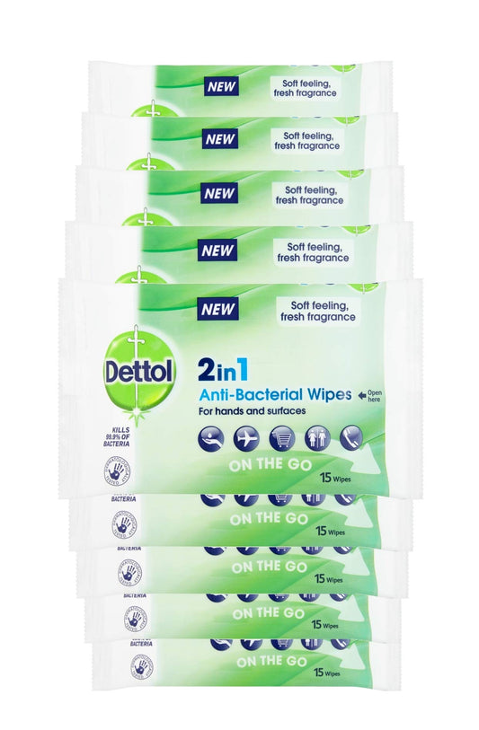 Dettol 2 in 1 Antibacterial Wipes, Hand And Surface On The Go Wipes, Total 135 Wipes (9 Packs x 15 Wipes)