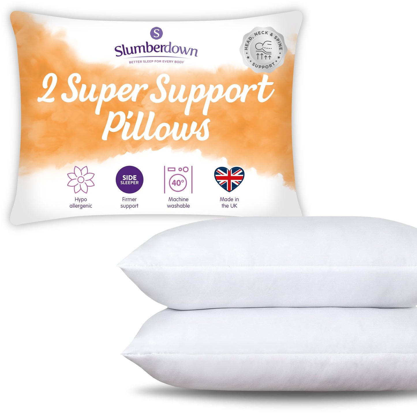 Slumberdown Pillows 2 Pack - Super Support Firm Side Sleeper Bed Pillows for Neck and Shoulder Pain Relief - Comfy & Supportive, Hypoallergenic, Made in the UK, Standard Size (48cm x 74cm)