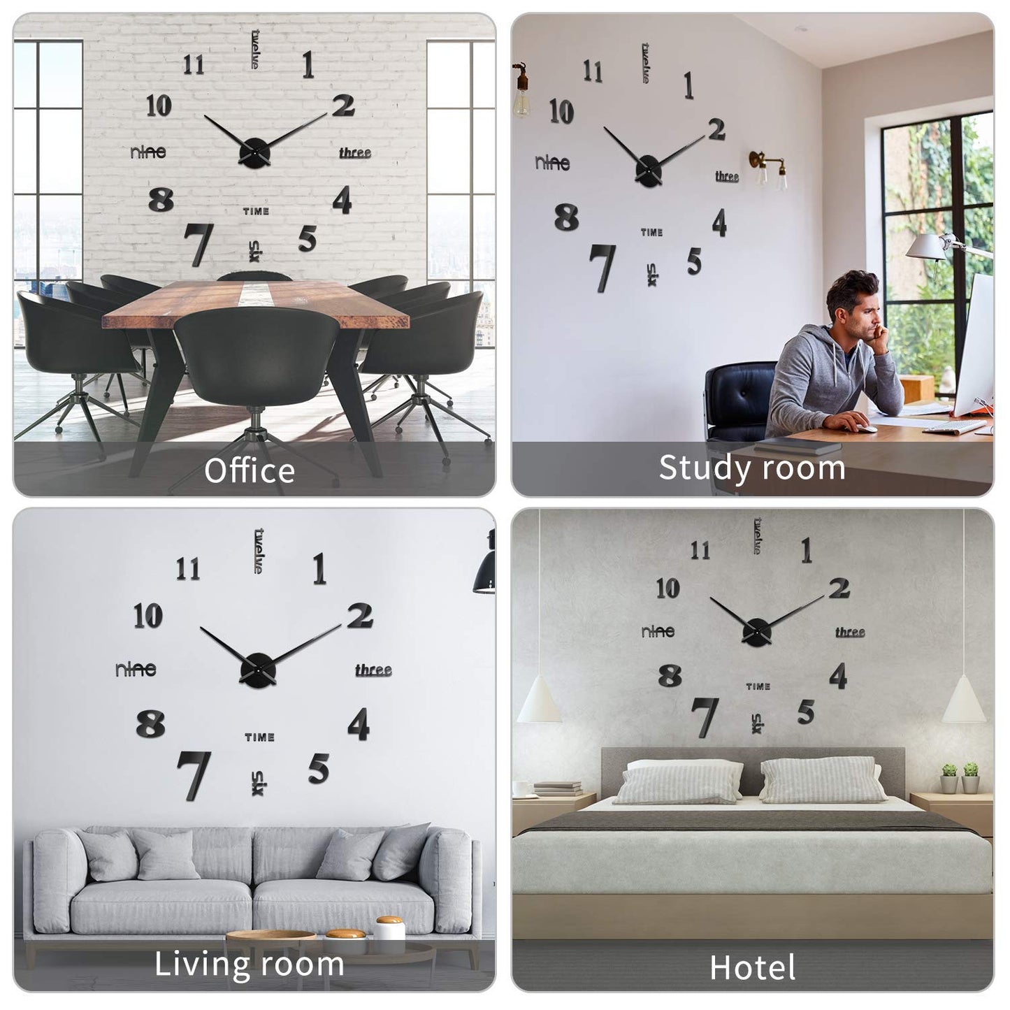 SOLEDI Wall Clock Frameless DIY 3D Wall Clock Large Wall Clocks for Living Room Modern Stick on Wall Clock, Black