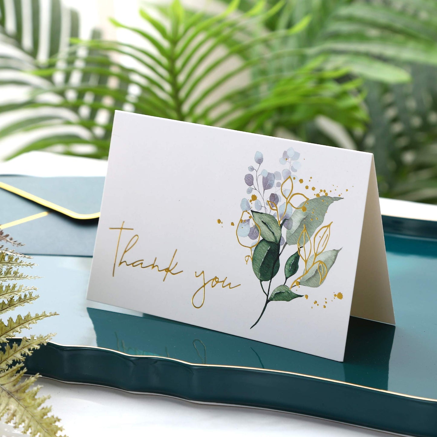 Heavy Duty Greenery Thank You Cards with Envelopes - 36 PK - Thank You Notes with Gold Foil Letterpress 4 x 6 Inches Blank Note Cards for Wedding Bridal Shower Baby Shower Card Business Green