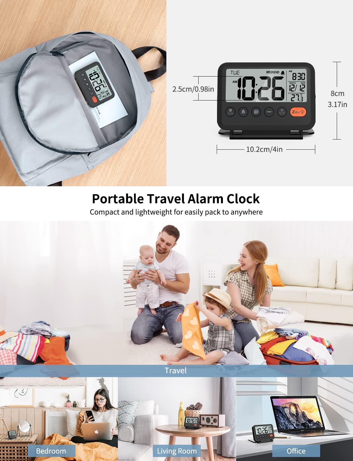 MeesMeek Travel Alarm Clock: 2-Level Backlight, 2 Volumes, 12/24H, Calendar, Temperature, Weekend Mode, Snooze, Folding Cover, Battery Operated Small Digital Clock (AAA Batteries Included)